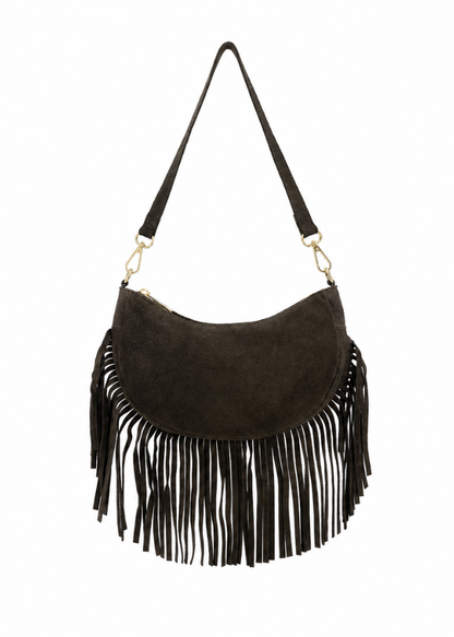 Taupe Suede Fringe Shoulder Bag