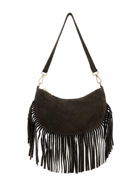 Dark Brown Suede Fringe Shoulder Bag