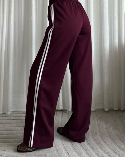 Burgundy Twill Double Stripe Wide Leg Trousers