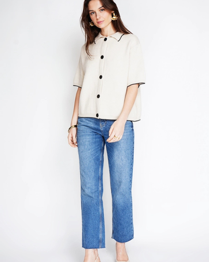 Beige/Black Contrast Button S/S Cardigan