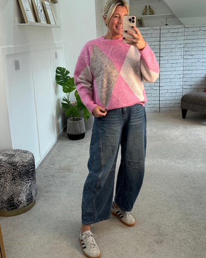 Pink Argyle Crew Neck Jumper