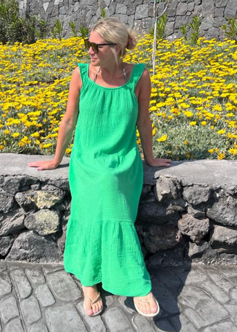 Green Frill Shoulder Cheesecloth Dress