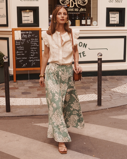 Sage/Oatmeal Botanical Floral Midi Skirt