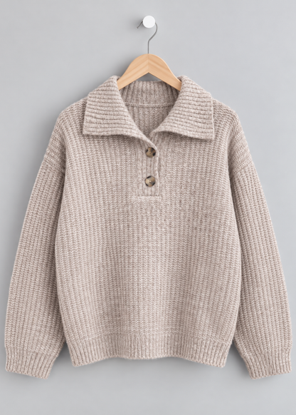 Oatmeal Chunky Knit Button Collar Jumper