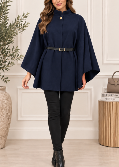 Black Funnel Neck Belted Cape Jacket