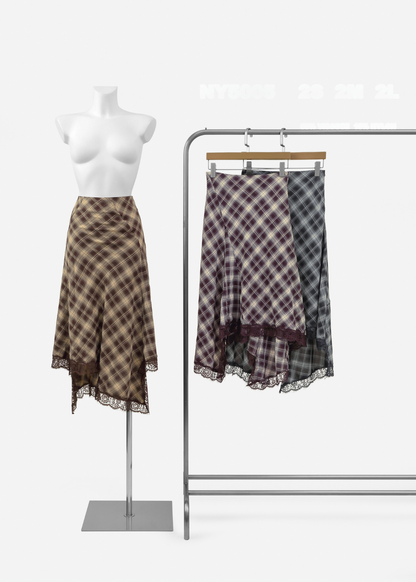 Black/Grey Tartan Lace Trim Midi Skirt