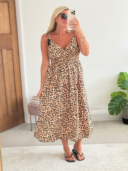Leopard Tassel Tie Shoulder Midi Dress