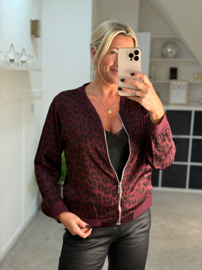 Burgundy Leopard Silk Mix Bomber Jacket