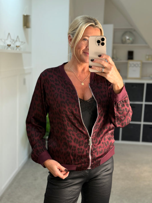 Burgundy Leopard Silk Mix Bomber Jacket