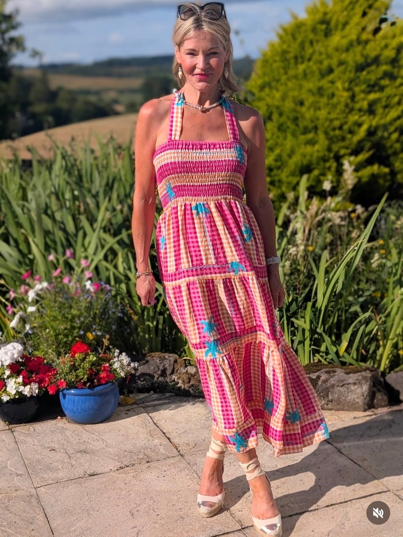 Pink/Orange Gingham/Palm Shirred Maxi Dress