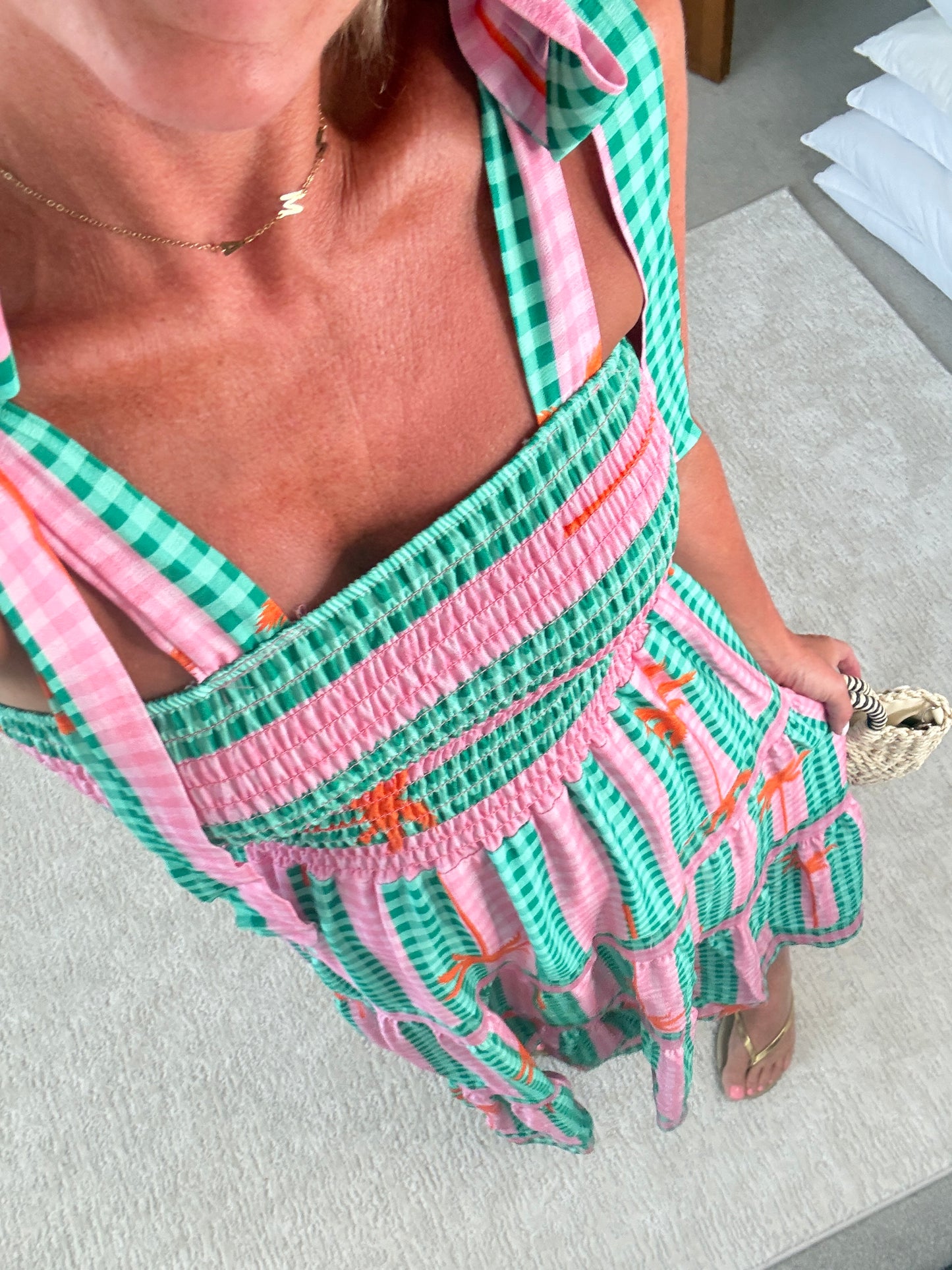 Green/Pink Gingham/Palm Shirred Maxi Dress