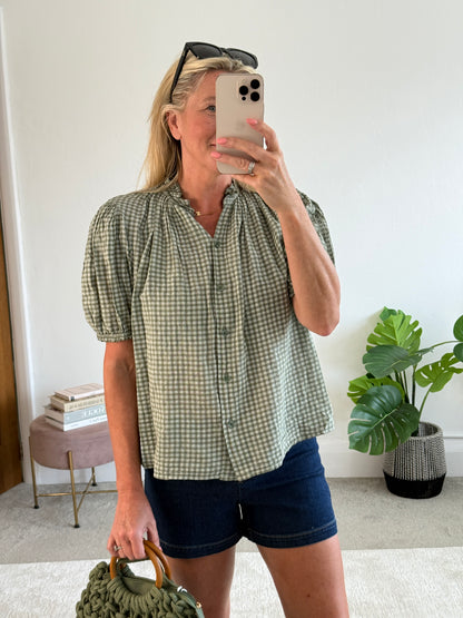 Navy/White Gingham Puff Sleeve Blouse