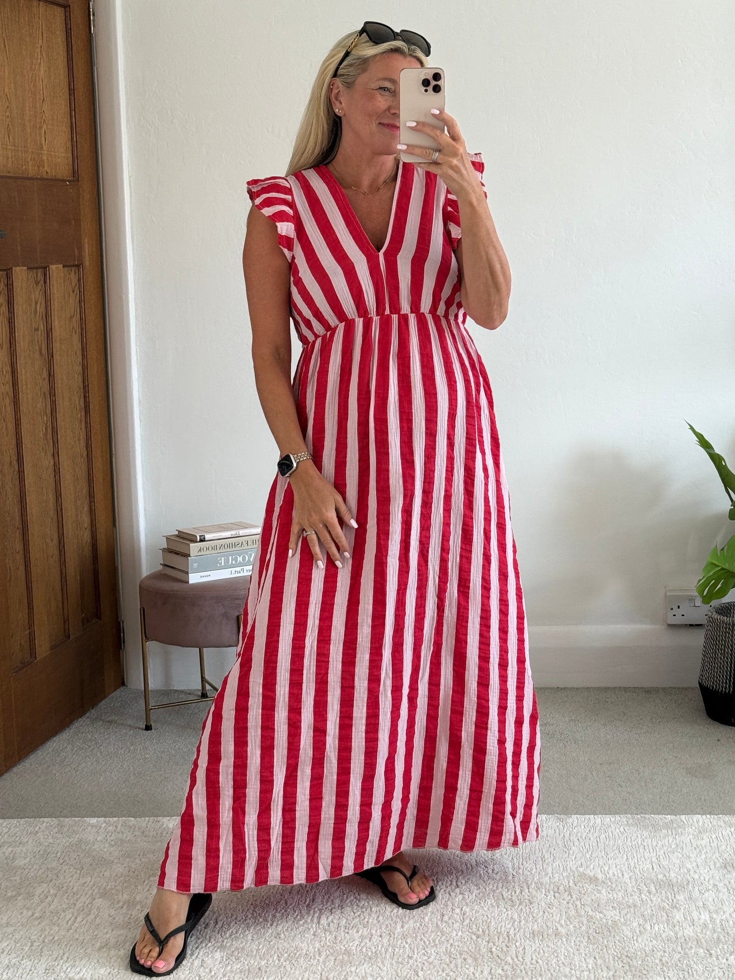 Pink/Red Stripe Cheesecloth Frill Sleeve Maxi Dress