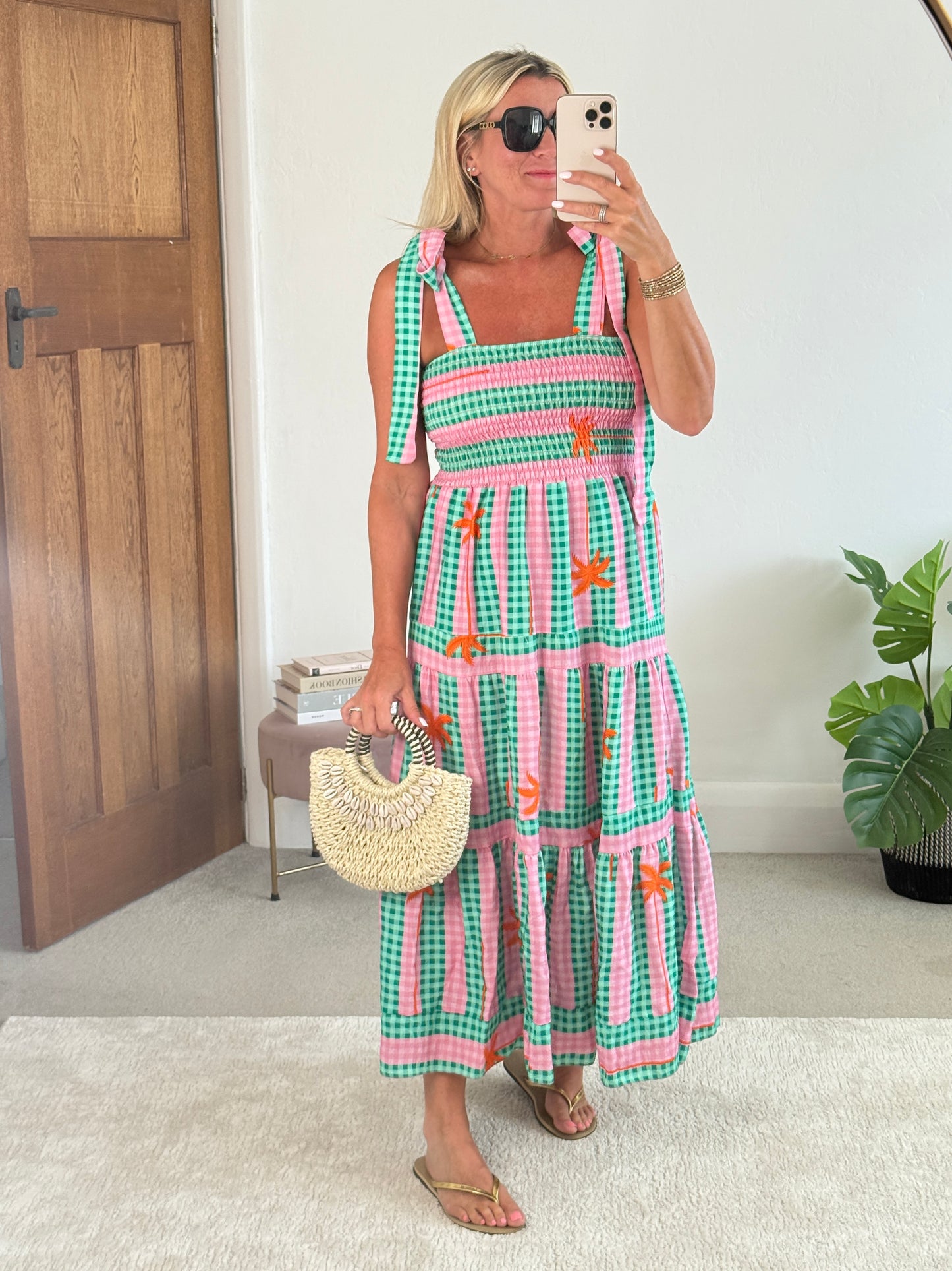 Green/Pink Gingham/Palm Shirred Maxi Dress