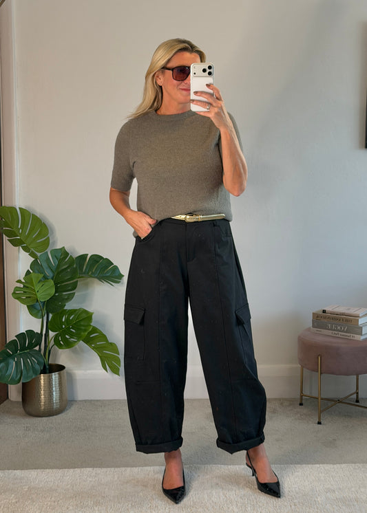 Black Barrel Leg Cargo Trousers
