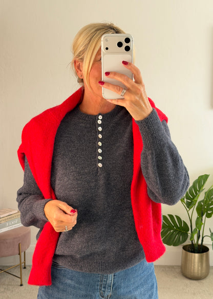 Grey Alpaca Mix Button Jumper