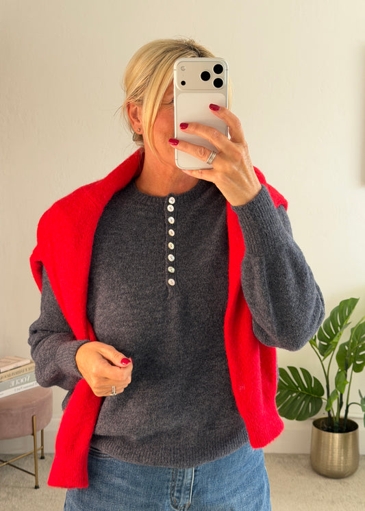 Grey Alpaca Mix Button Jumper