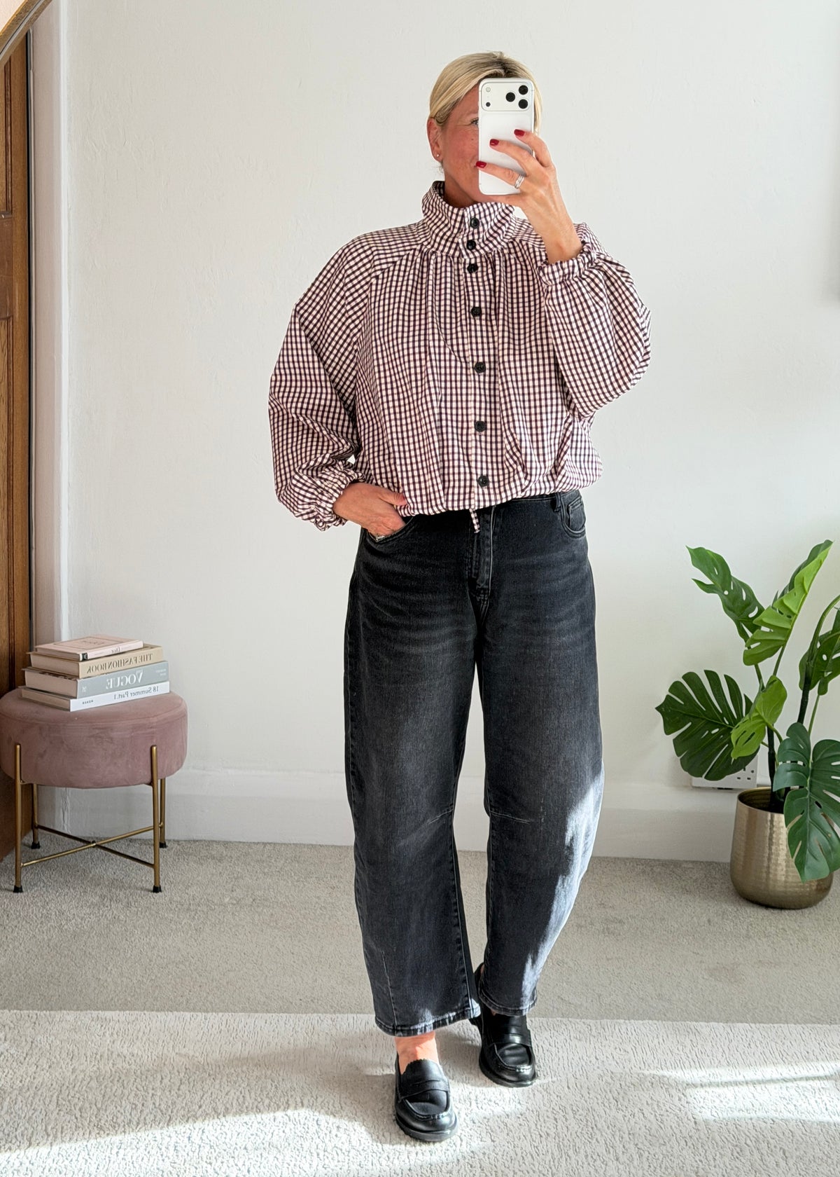 Plum Check Funnel Neck Jacket