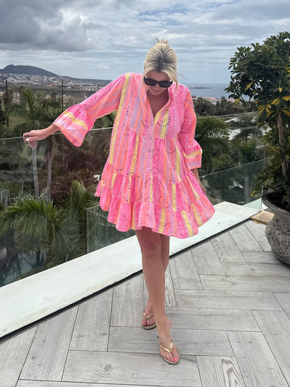 Neon Aztec Broderie Anglaise Summer Dress