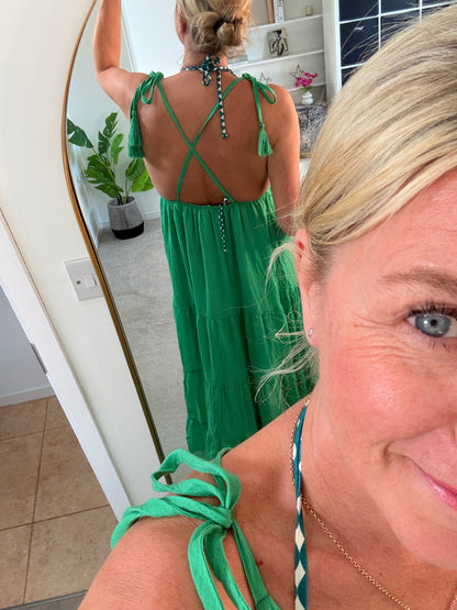 Kelly Green Tie Strap Tiered Maxi Dress