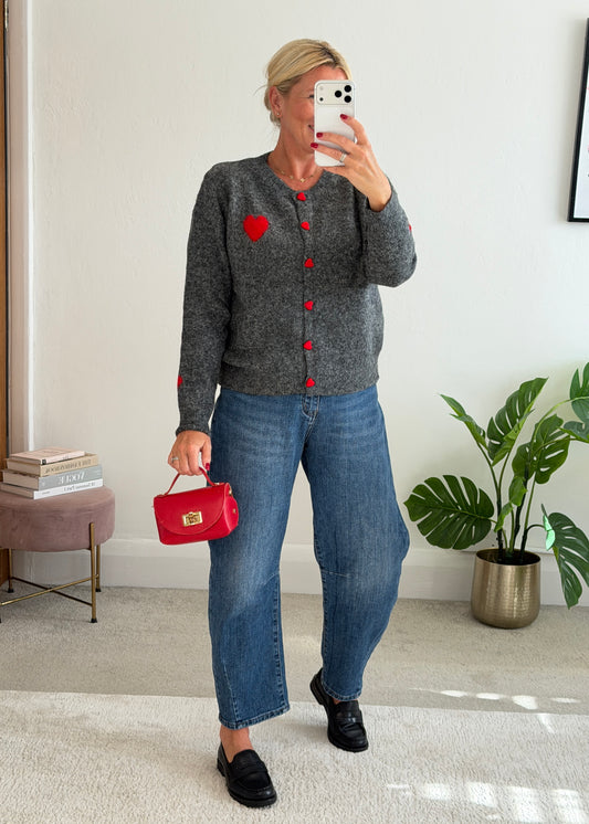 Grey/Red ❤️ Heart Button Cardigan