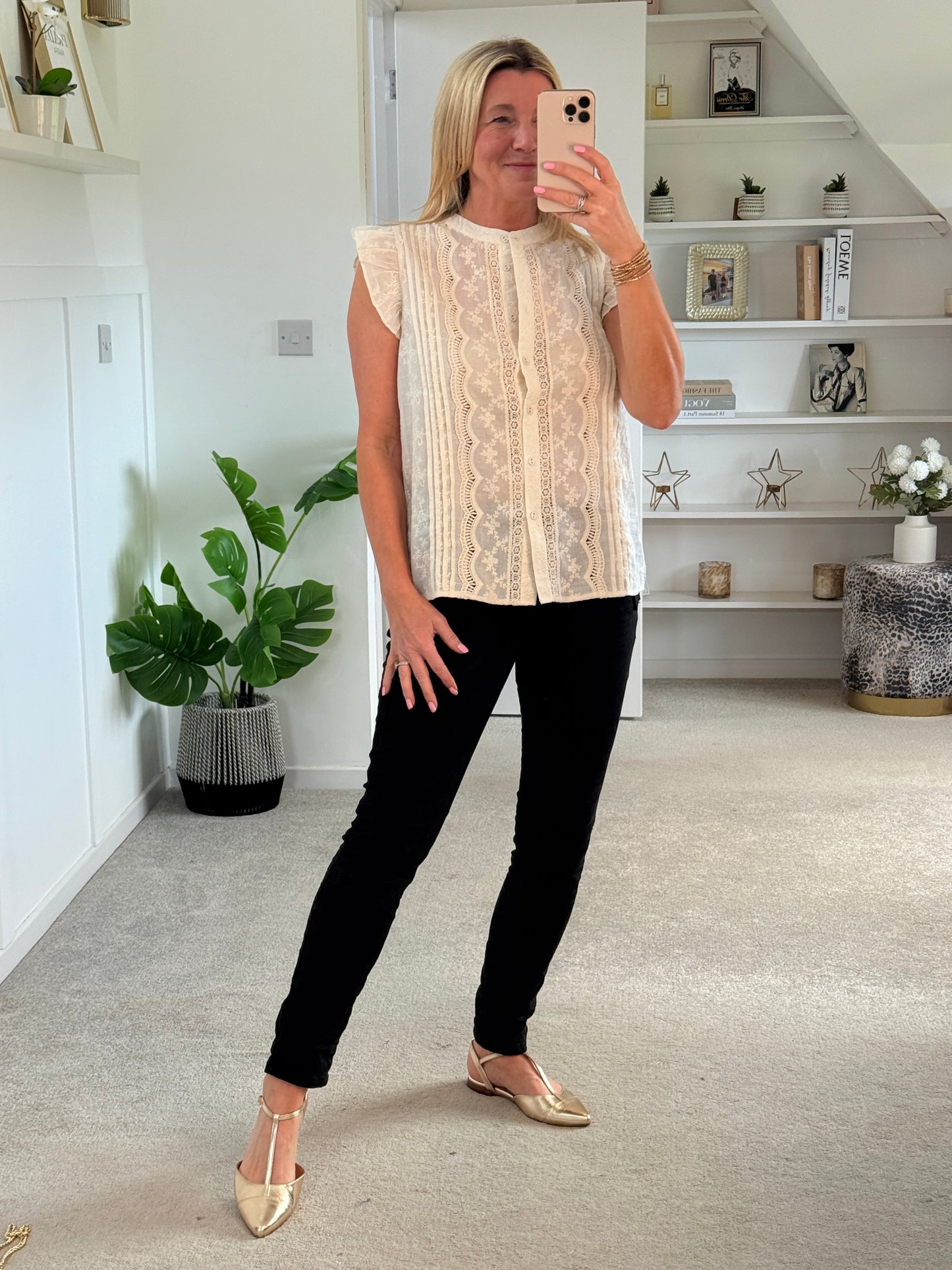 Oatmeal Frill Sleeve Lace Embroidered Blouse
