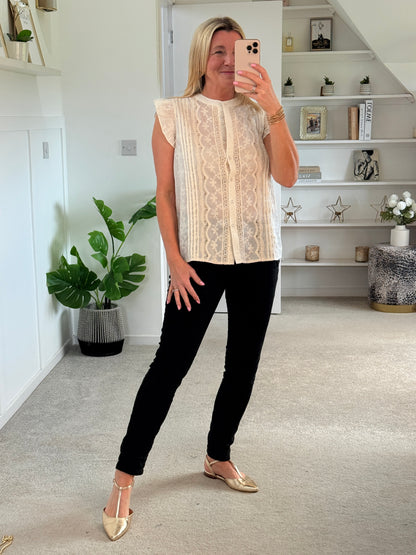 Oatmeal Frill Sleeve Lace Embroidered Blouse