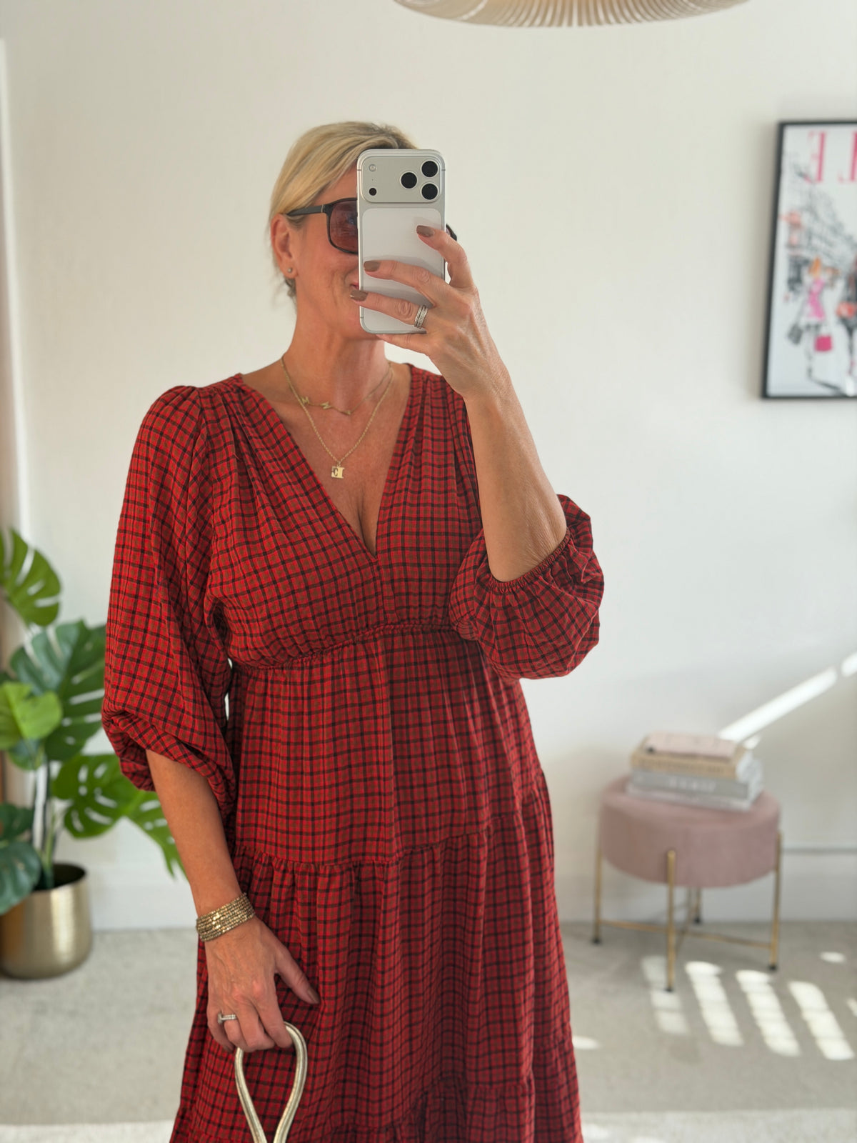 Red Heritage Check V-Neck Tiered Dress