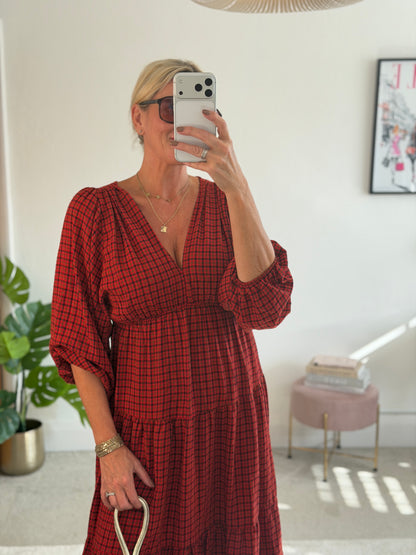 Red Heritage Check V-Neck Tiered Dress
