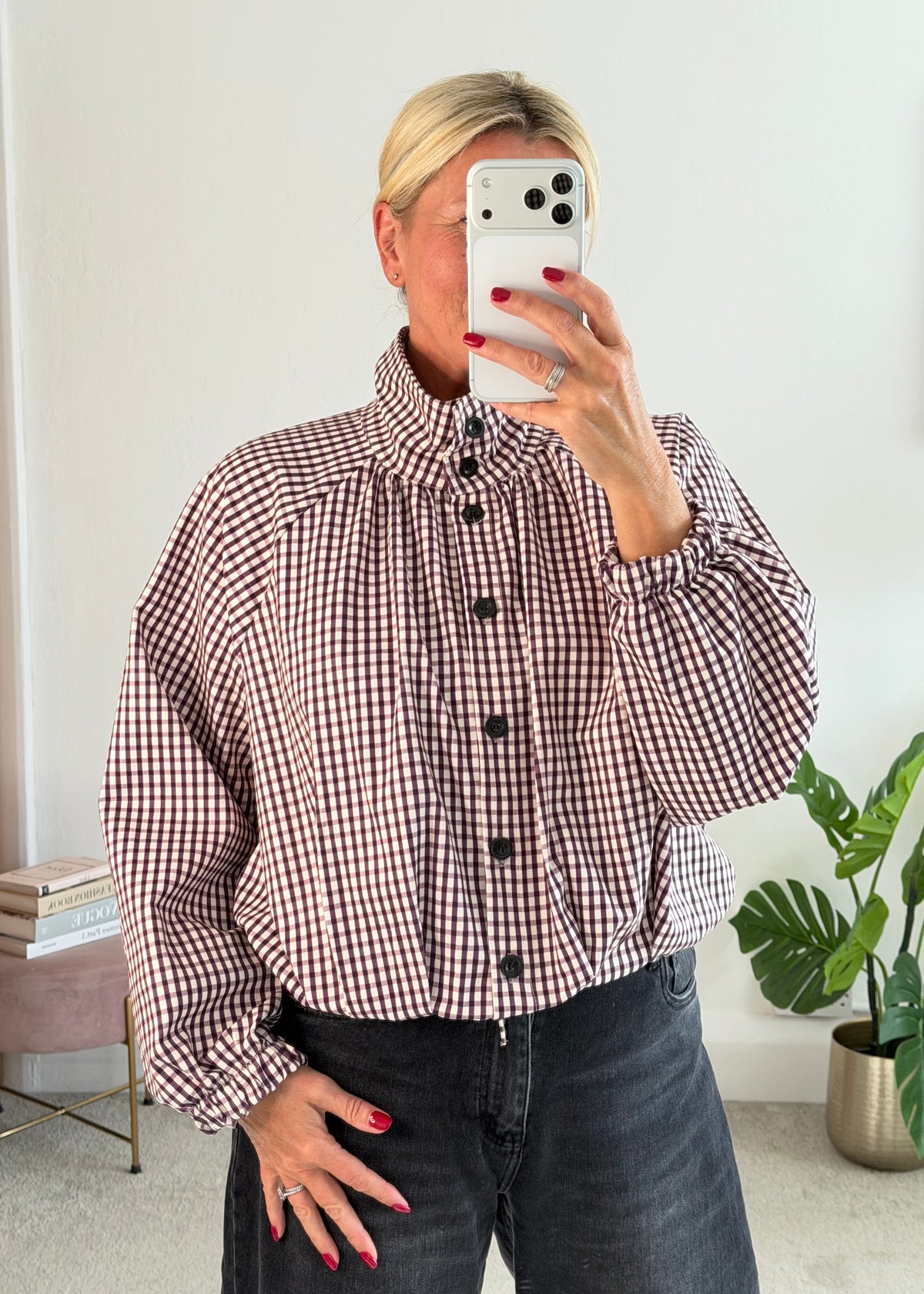 Plum Check Funnel Neck Jacket