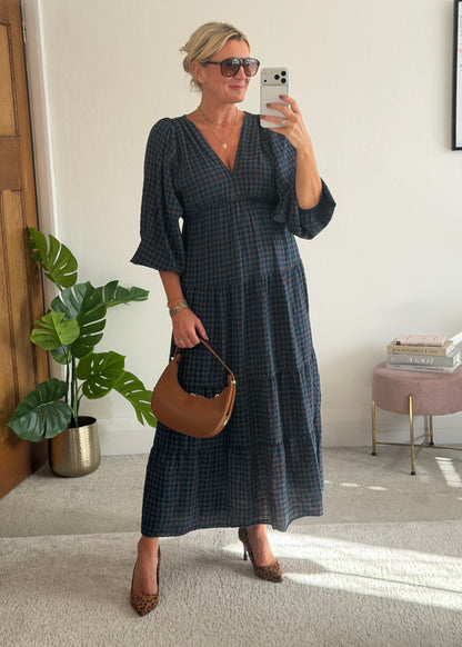 Navy Heritage Check V-Neck Tiered Dress