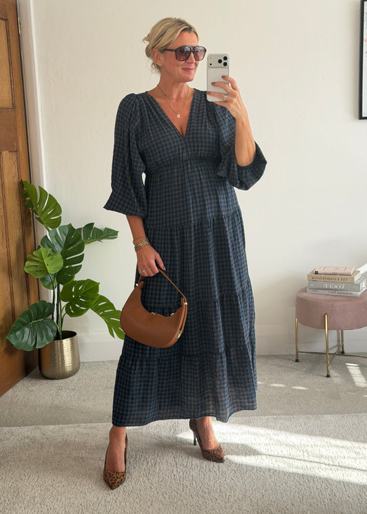 Navy Heritage Check V-Neck Tiered Dress