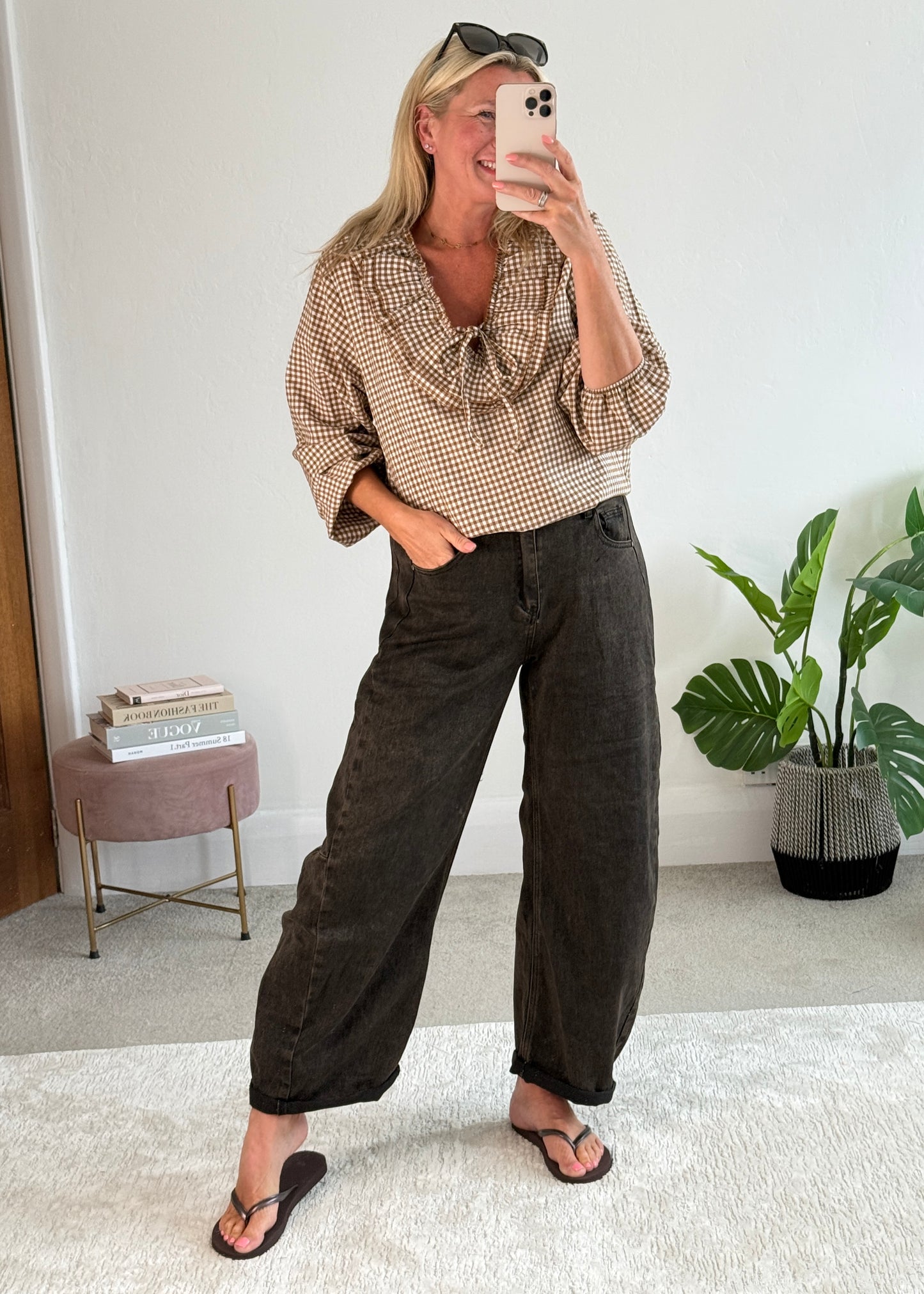 Coffee Gingham Ruffle Blouse