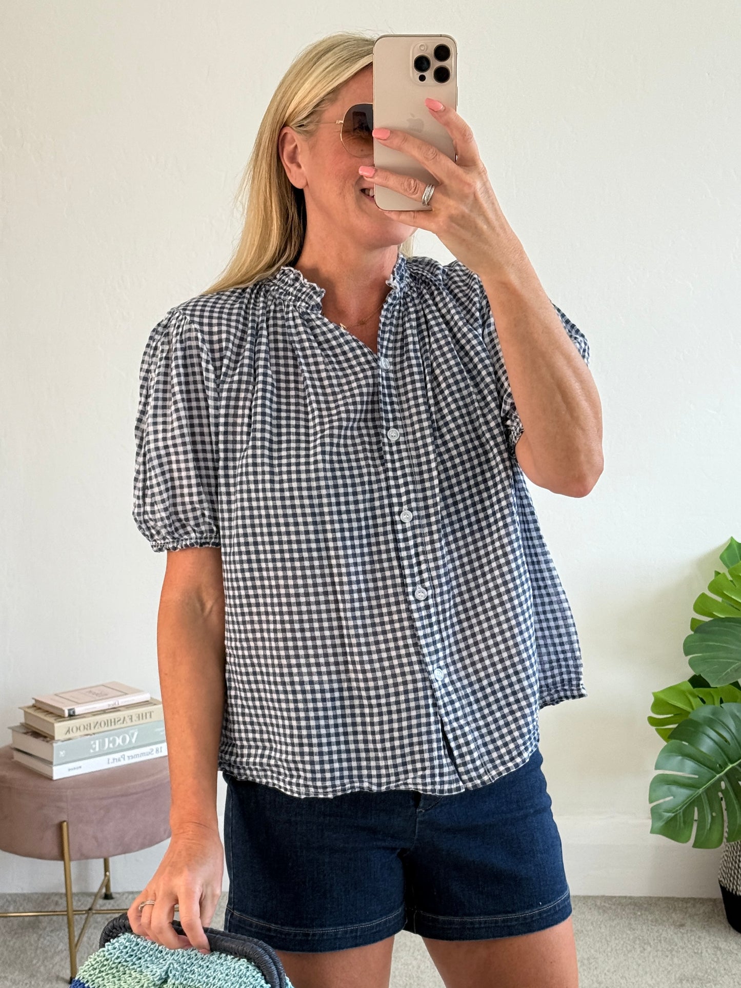 Navy/White Gingham Puff Sleeve Blouse