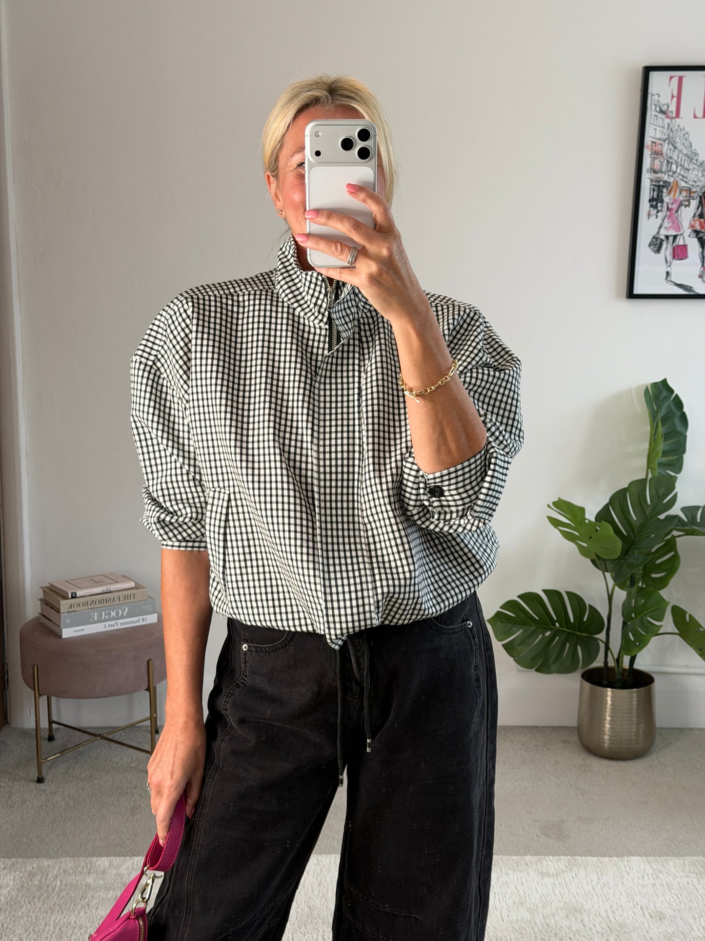 Black Check Funnel Neck Jacket