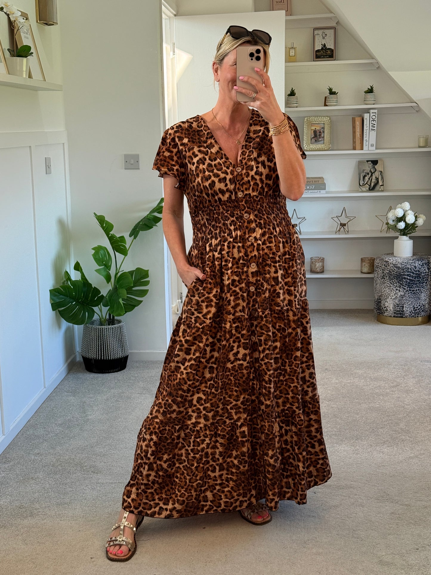 Tan Leopard V Neck Tiered Maxi Dress