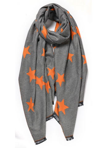 Grey/Orange Star Print Cashmere Mix Scarf