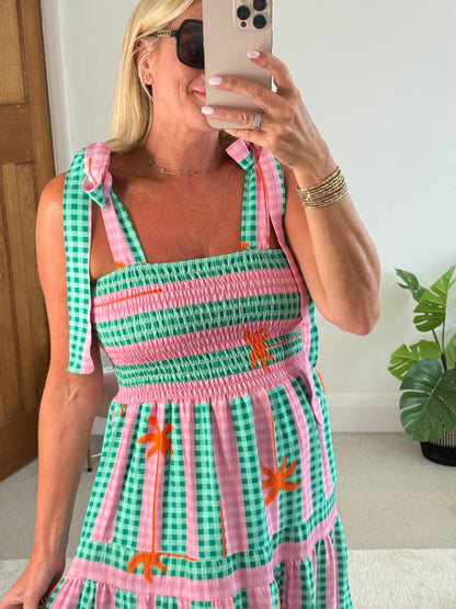 Green/Pink Gingham/Palm Shirred Maxi Dress