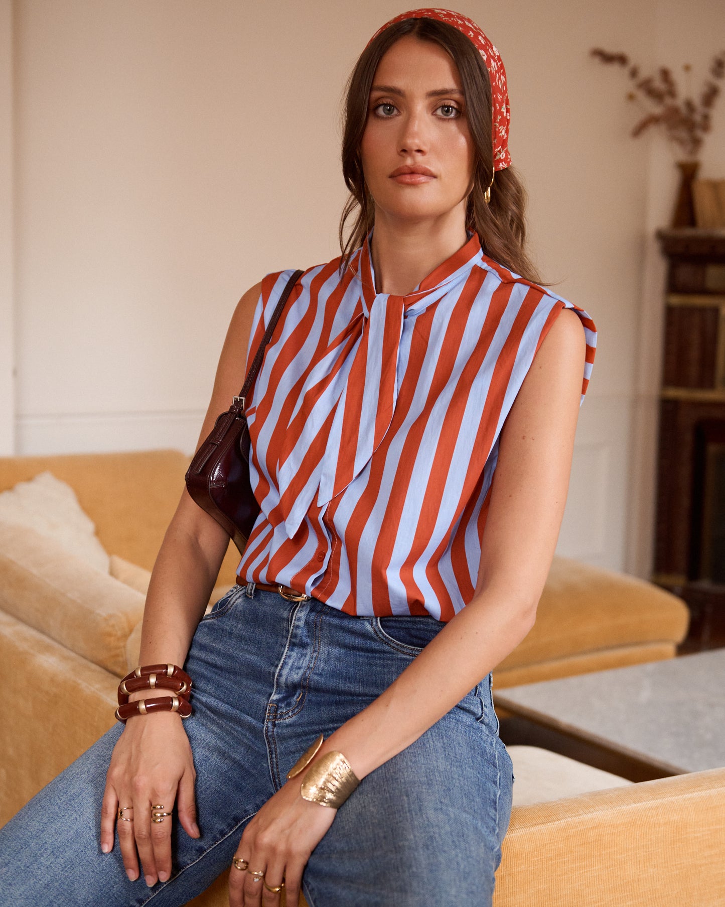 Cornflower Blue Stripe Tie-Neck Blouse
