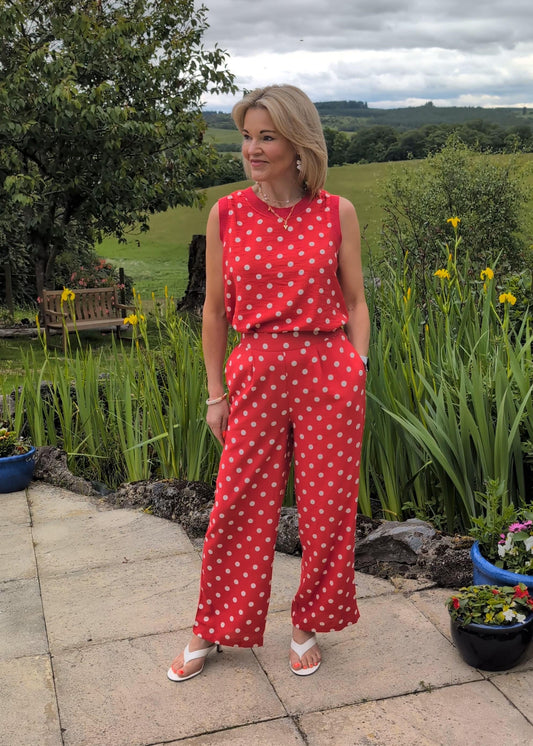 Red/White Polka Dot Wide Leg Trousers
