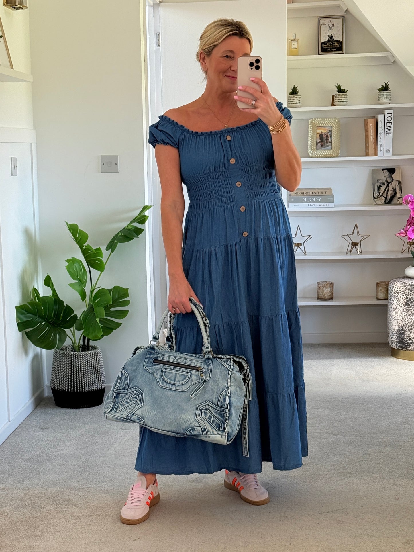 Blue Denim Bardot Tiered Maxi Dress