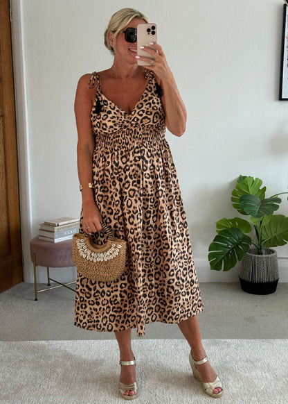 Leopard Tassel Tie Shoulder Midi Dress