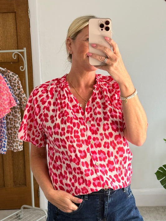 Red/Pink Leopard Frill Sleeve Blouse