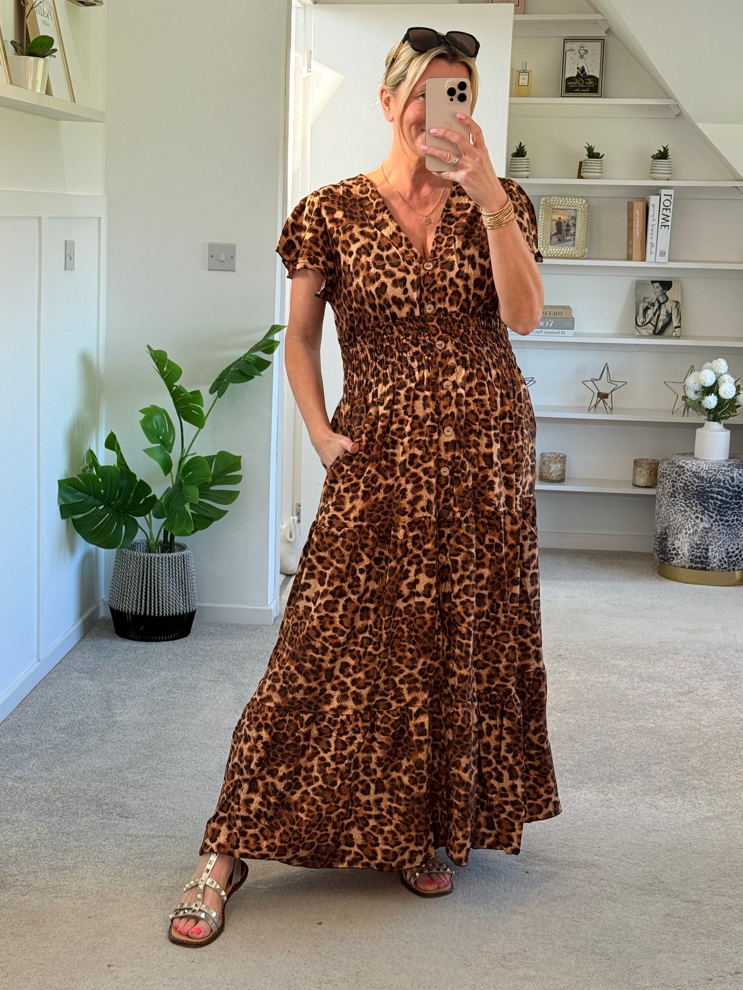 Tan Leopard V Neck Tiered Maxi Dress