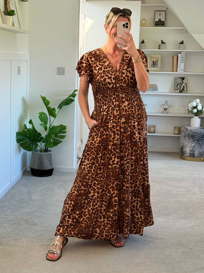 Tan Leopard V Neck Tiered Maxi Dress