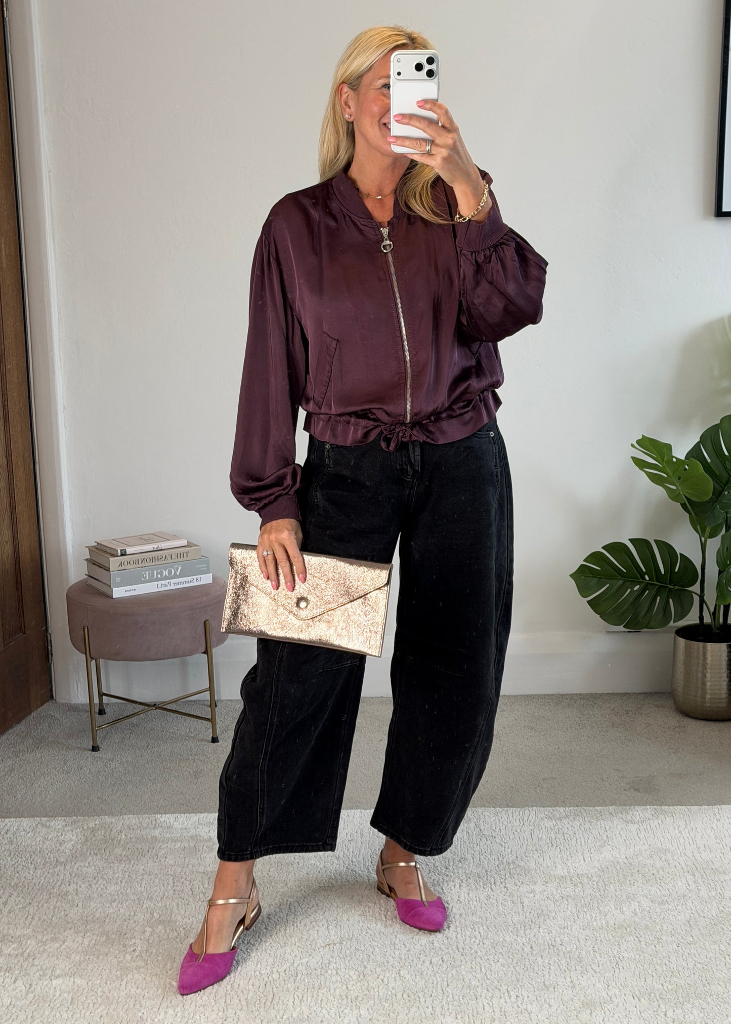 Plum Satin Drawstring Bomber Jacket