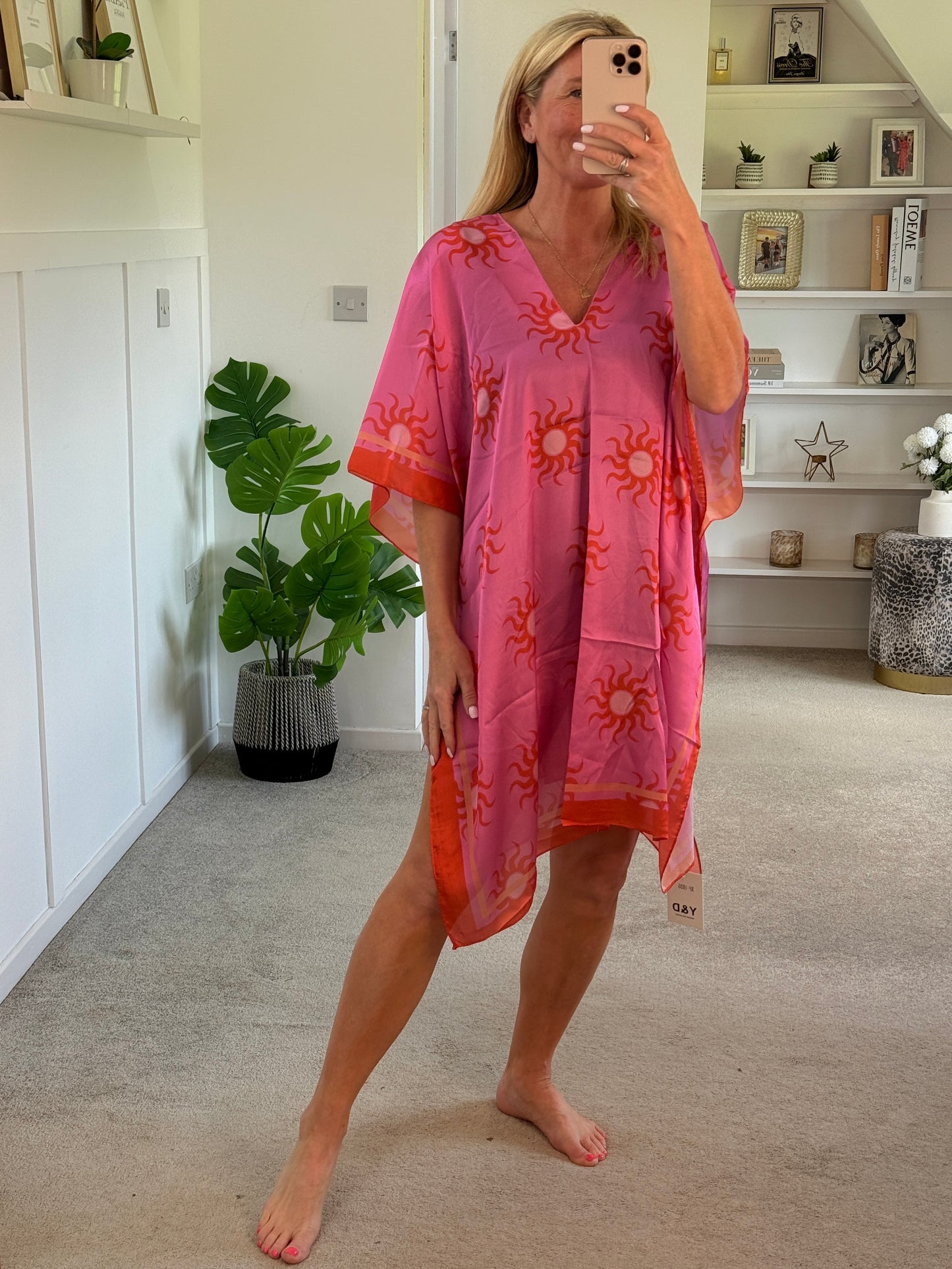 Lemon/Pink Sun Print Floaty Kaftan Dress