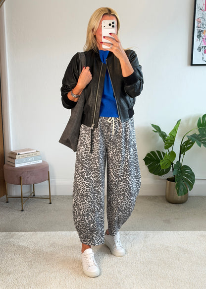 Grey Leopard Barrel Joggers