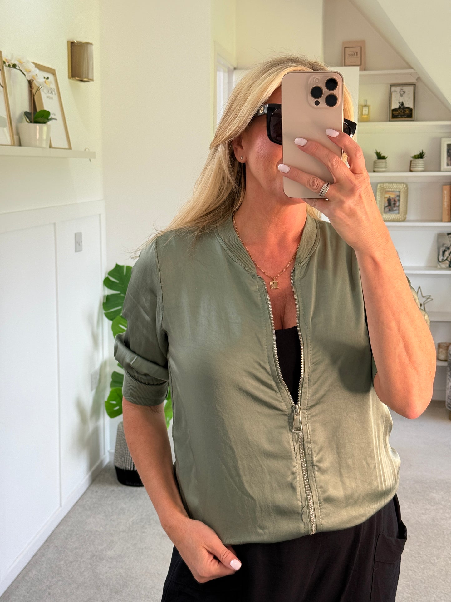 Khaki Silk Mix 1/2 Sleeve Bomber Jacket