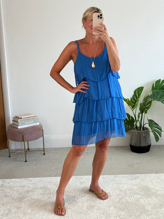 Cobalt Silk Mix Strappy Frill Dress